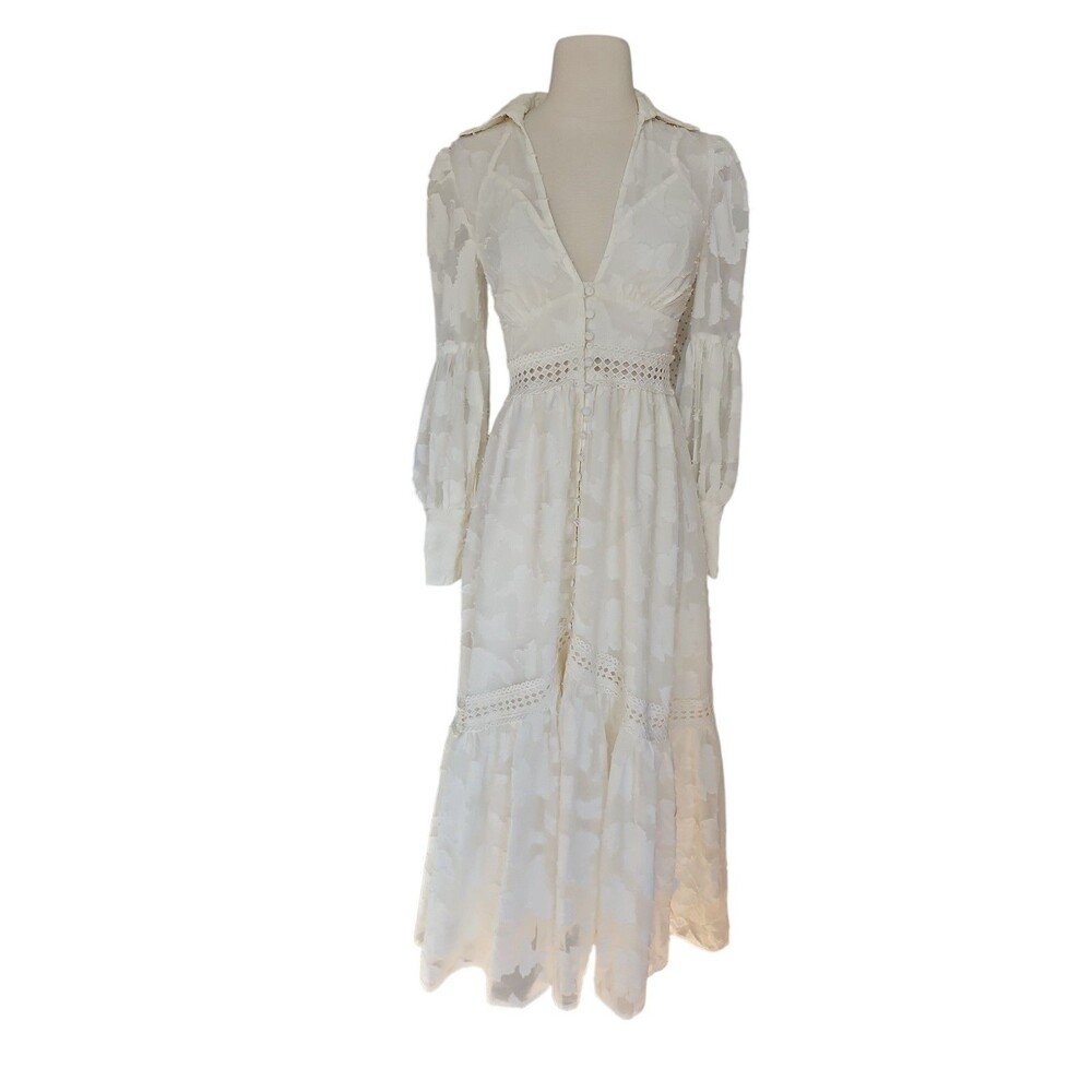 Asos Design Tiered Deep V-neck Maxi Dress Womens 2 Cream Ethereal Coquette Sheer - Picture 2 of 11